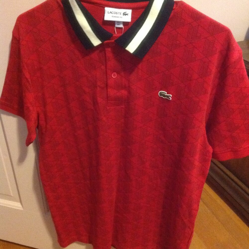 Lacoste Men's Red Large Monogram Jacquard Polo Shirt - New with Tags